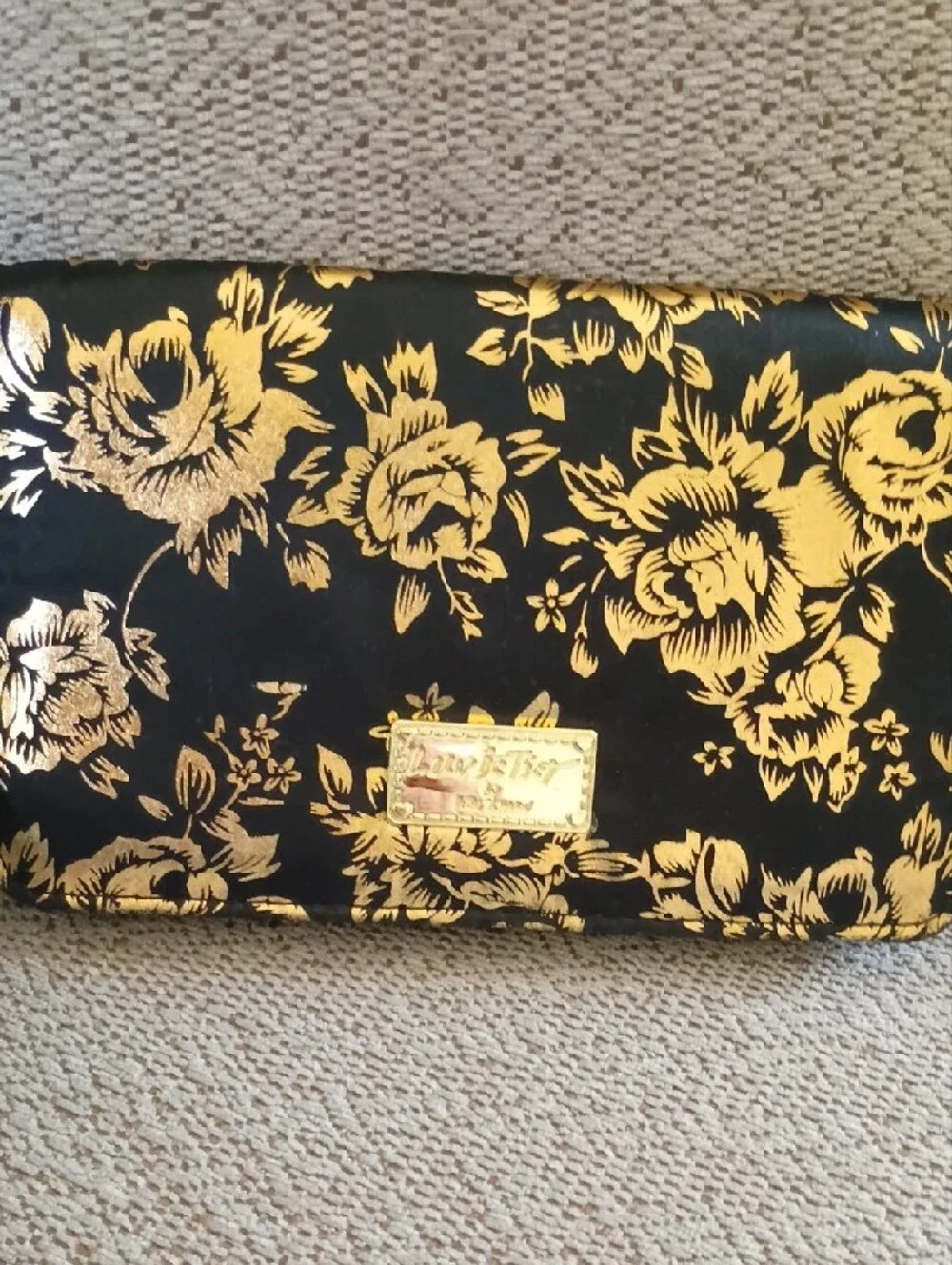 Betsy Johnson Gold Floral Print Black Wristlet Clutch
